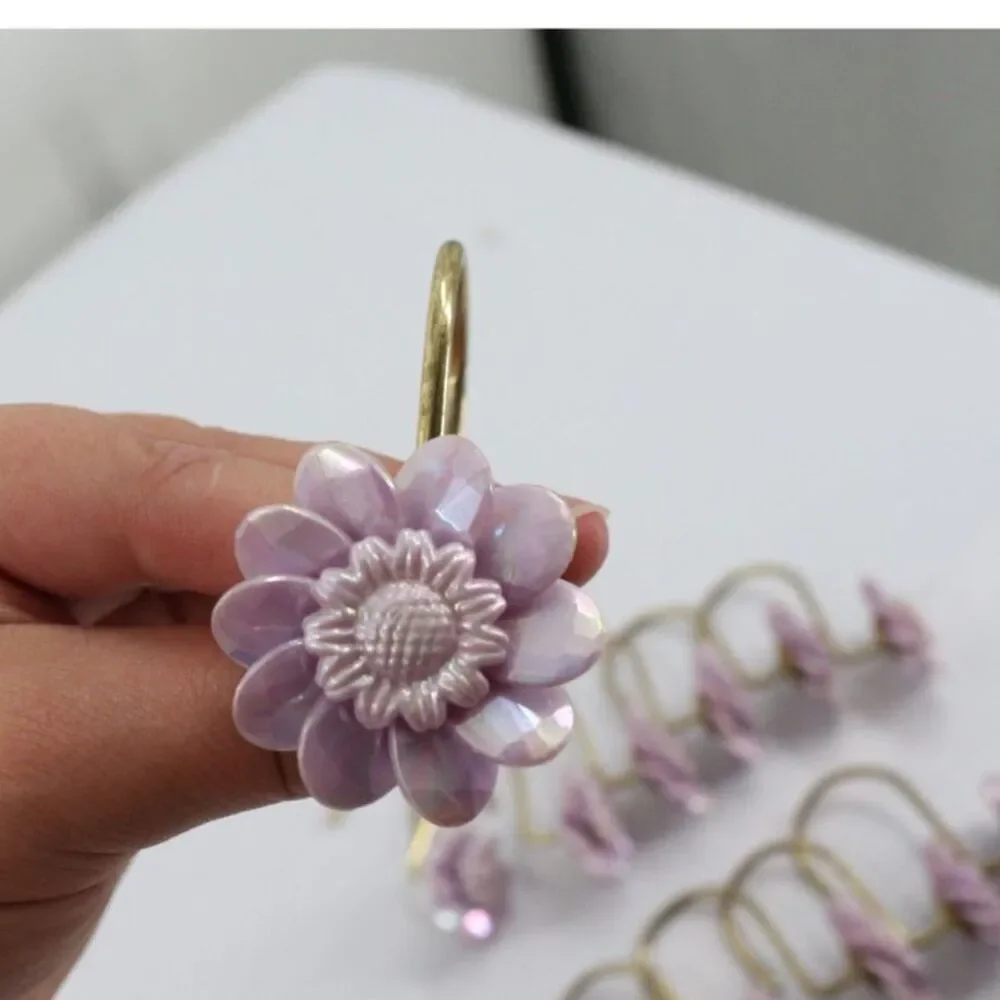 Vintage Purple Flower Shower Curtain Hooks Plastic and Gold Metal Hook Cottage
